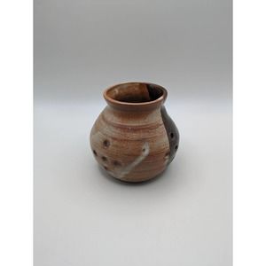 Vintage signed stoneware studio pottery luminary votive candle holder two-toned